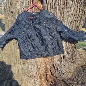 Women's Black Eyelet-Embellished Bomber Jacket